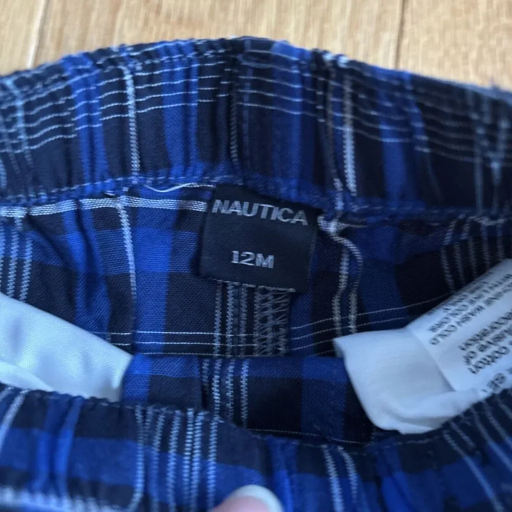 Nautica Infant Boys 2-Piece Blue/Black/White Plaid Shorts Heather Shirt Sz 12M